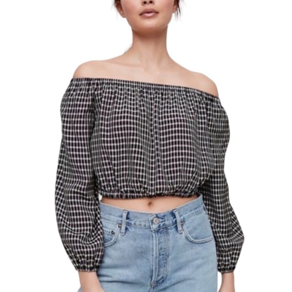 Aritzia Wilfred Women's Gingham Cropped Off the Shoulder Top Size XS